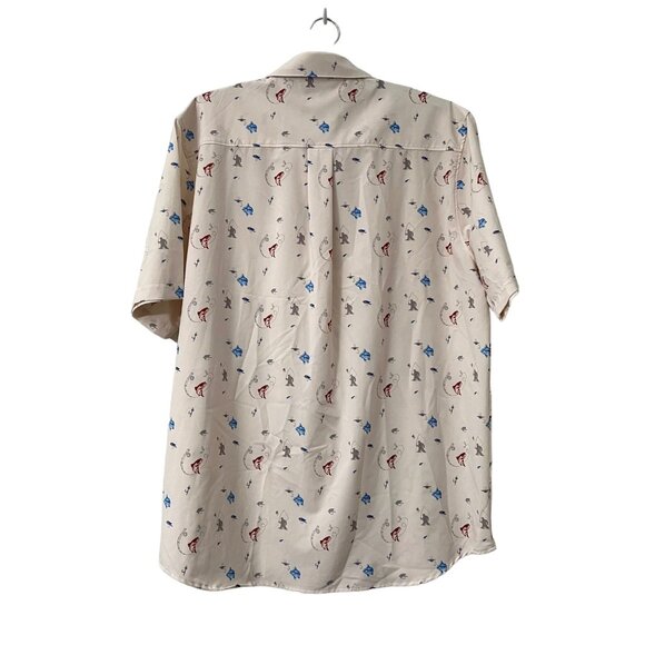 Straight Down Beige Fishing Salmon Lyre Print Short Sleeve Button Shirt XL - Picture 6 of 7